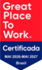 Selo retangular da Tecnogera, vermelho e azul, "Great Place To Work" e "Certificada MAI 2026-MAI 2027 Brasil".
