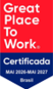 Selo retangular da Tecnogera, vermelho e azul, "Great Place To Work" e "Certificada MAI 2026-MAI 2027 Brasil".